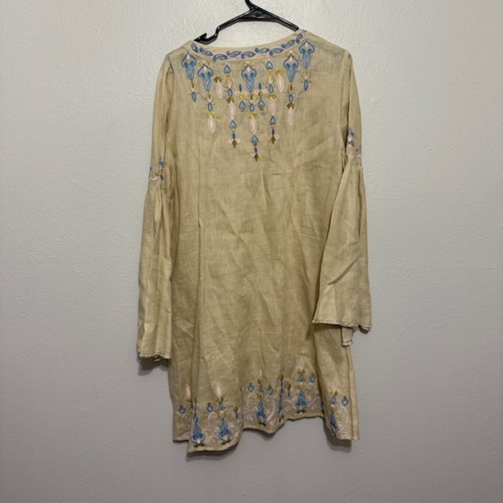 Svitlaya Embroidered Linen Tunic Dress Tan Blue Tassel Bell Sleeve L - Picture 9 of 11